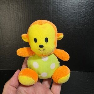 Sassy Monkey Rattle Plush Toy Tiny Orange Yellow Green Polka Dot 5 Inch